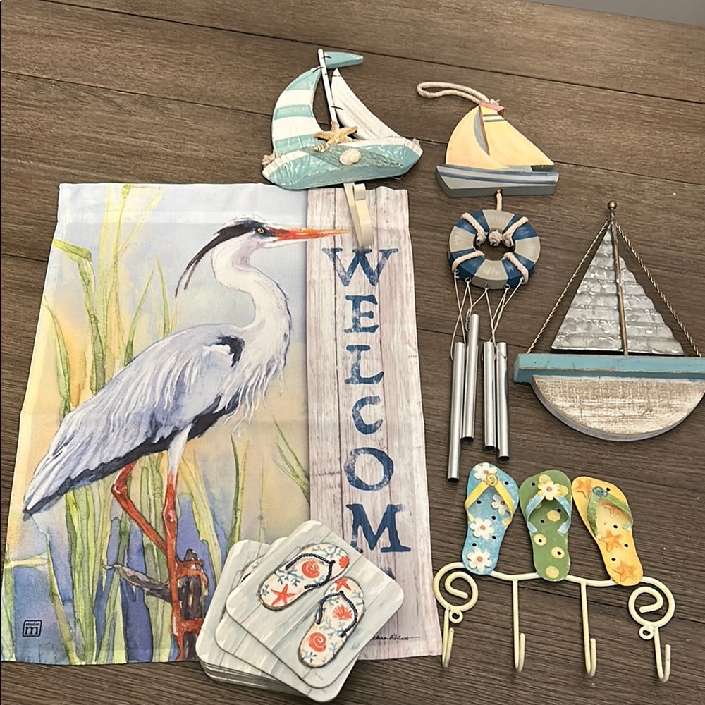 Nautical beach coastal decor heron flag sailboat wall art wind chime flip flops